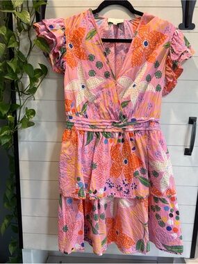 Pinch Pink Floral Tiered Casual Dress with Orange Blooms